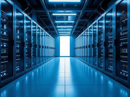 未来科技概念图,云计算数据中心内部,服务器机柜整齐排列,蓝色灯光效果,现代科技感